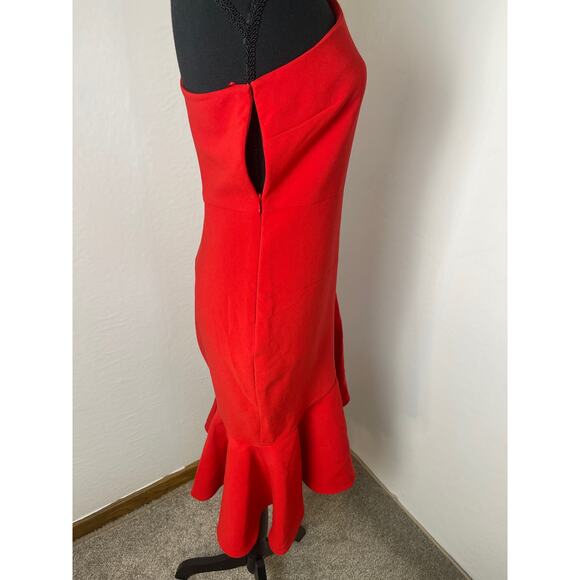 NWT Likely Women's Glam Chic Preppy Ruffle Hem One Shoulder Midi Dress Red 2 - Picture 4 of 11